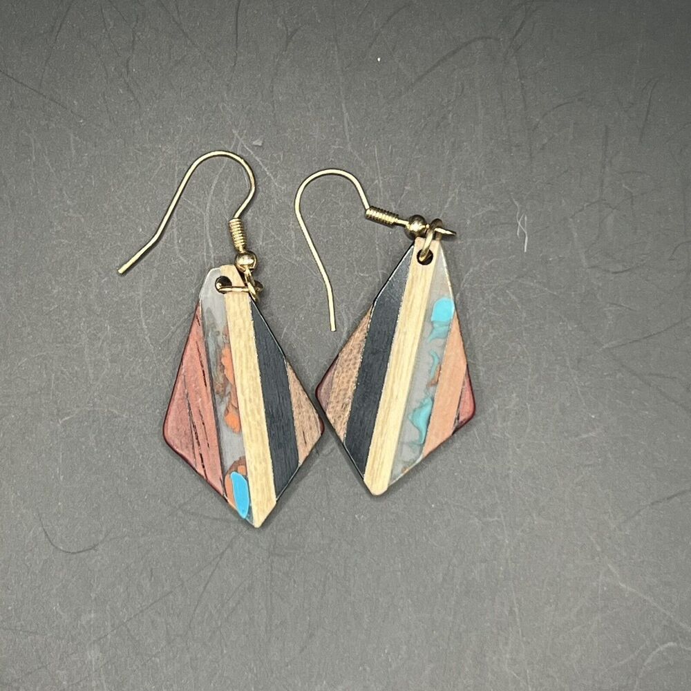Earrings Wood Resin Striped Handcrafted Boho Earthy Minimalist Dangle Drop